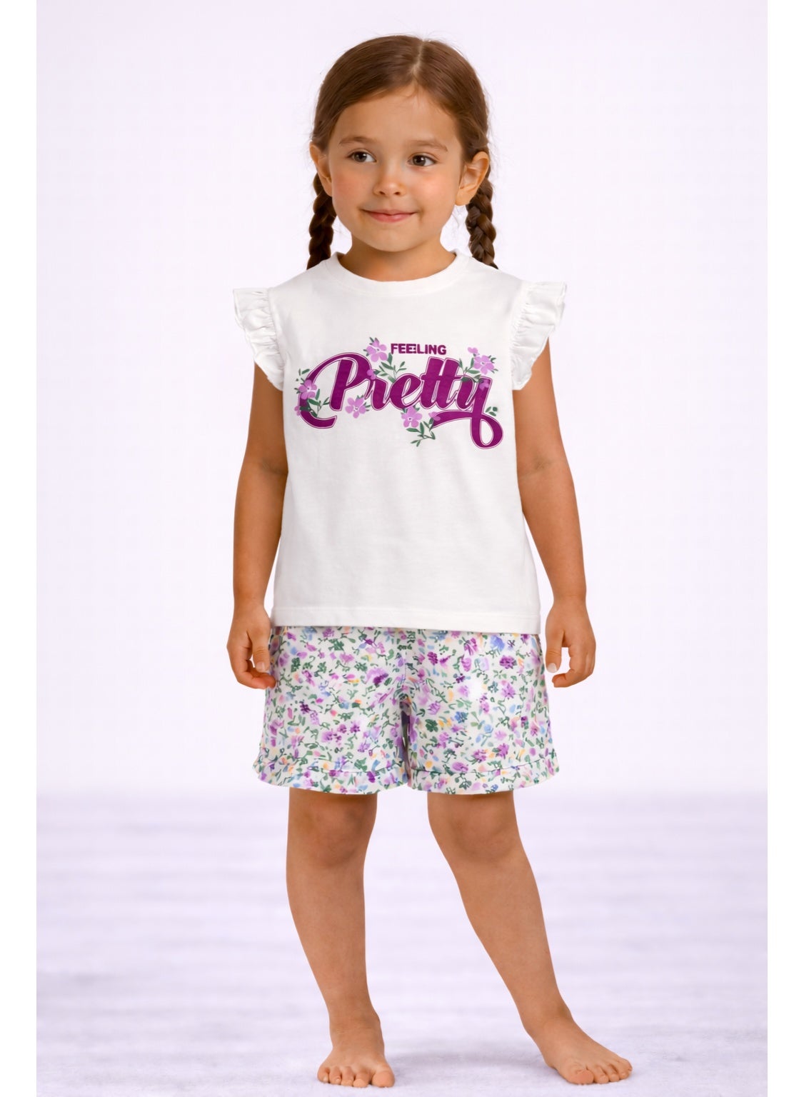 victor and jane Girls’ Pajama Set – “Feeling Pretty” Frill Sleeve Top & Floral Shorts